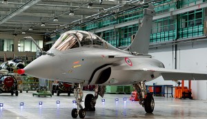 A French-made Dassault Rafale jet fighter is seen in an assembly hanger. The global arms industry has taken a battering in recent years